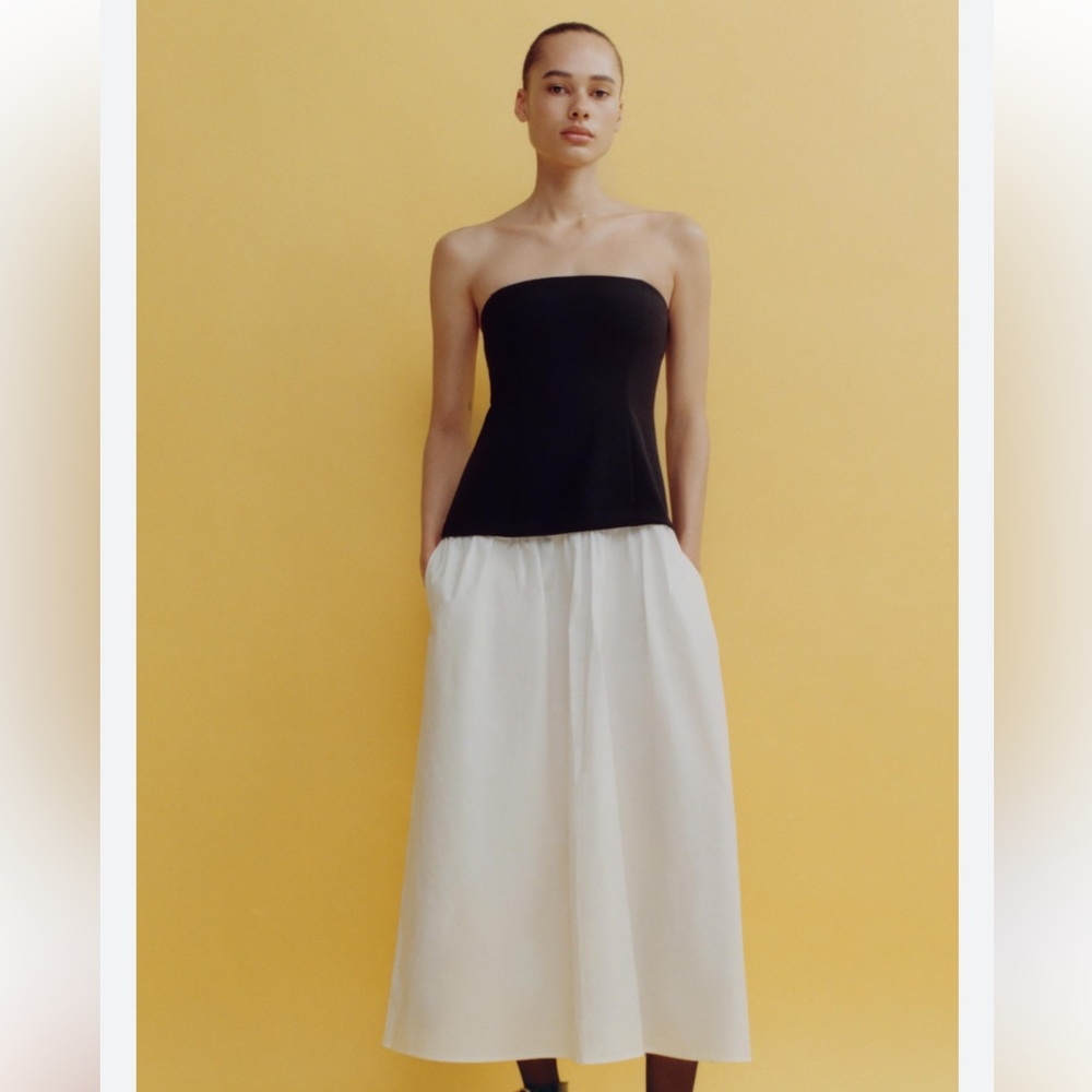 NWT Zara Black Strapless Top with White Midi Skirt
